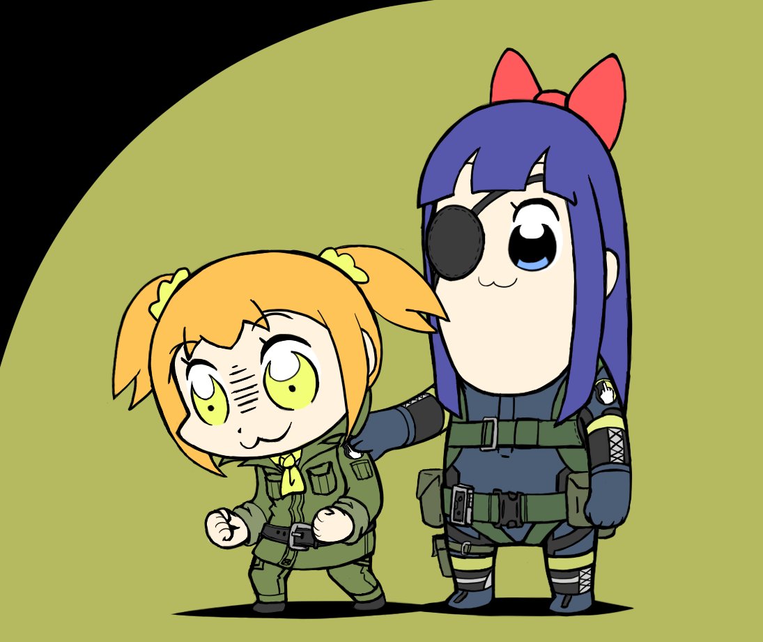 2girls :3 big_boss big_boss_(cosplay) bkub_(style) black_hair blonde_hair blue_eyes bow commentary cosplay eyepatch hair_bow hand_on_another's_shoulder jotace kazuhira_miller kazuhira_miller_(cosplay) long_hair metal_gear_(series) metal_gear_solid_v multiple_girls pipimi poptepipic popuko sidelocks sneaking_suit two-tone_background two_side_up yellow_eyes