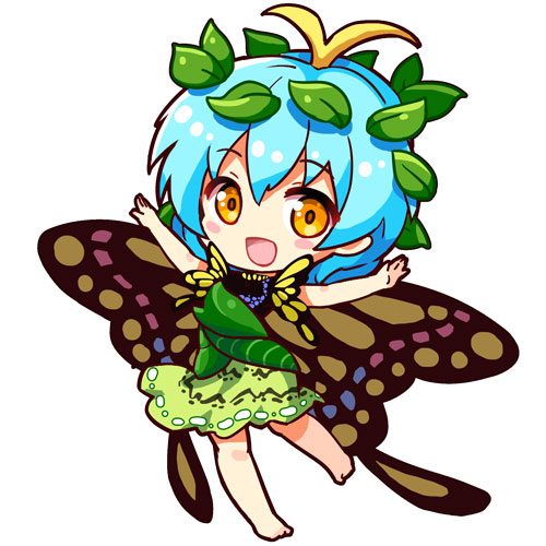 1girl :d antennae bangs barefoot blue_hair blush_stickers butterfly_wings chibi commentary dress eternity_larva eyebrows_visible_through_hair full_body green_dress hair_ornament leaf leaf_hair_ornament looking_at_viewer lowres open_mouth orange_eyes outstretched_arms renren_(ah_renren) short_hair simple_background smile solo spread_arms touhou white_background wings