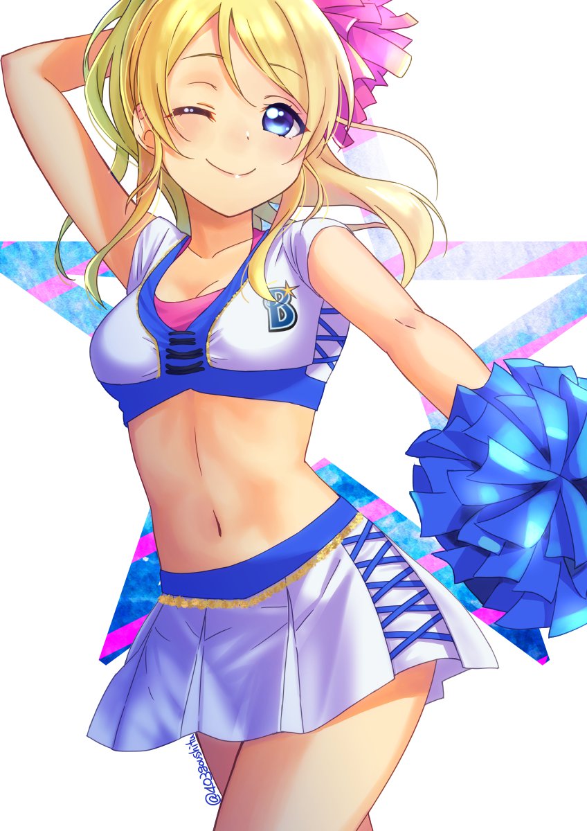 1girl 403_(artist) ;) ayase_eli blonde_hair blue_eyes breasts cheerleader cleavage collarbone cowboy_shot crop_top eyebrows_visible_through_hair floating_hair highres long_hair love_live! love_live!_school_idol_project medium_breasts midriff miniskirt navel one_eye_closed pleated_skirt pom_poms signature simple_background skirt smile solo standing stomach white_background white_skirt