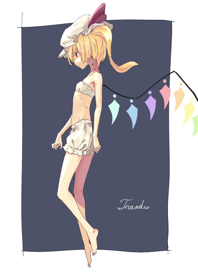 1girl bare_arms bare_shoulders barefoot bionekojita blonde_hair bloomers character_name flandre_scarlet floating full_body hat hat_ribbon mob_cap profile red_eyes red_ribbon ribbon skinny solo touhou underwear underwear_only white_hat wings