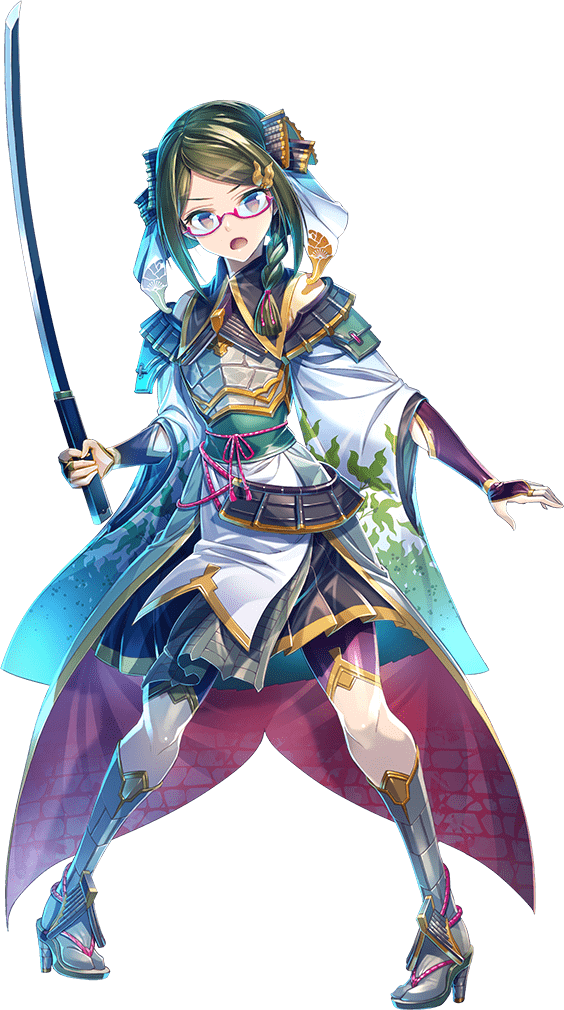 1girl arm_guards armor black_hair blue_eyes full_body glasses hair_ornament holding holding_sword holding_weapon kumamoto_(oshiro_project) legs_apart long_sleeves official_art oshiro_project oshiro_project_re solo sword transparent_background weapon wide_sleeves zounose