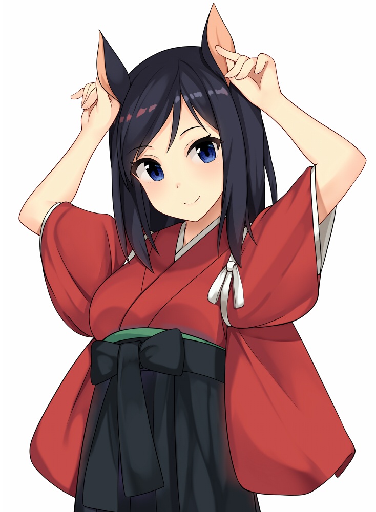 1girl animal_ears black_hair blue_eyes breasts hiiragi_hajime japanese_clothes kimono looking_at_viewer simple_background smile solo summer_wars white_background