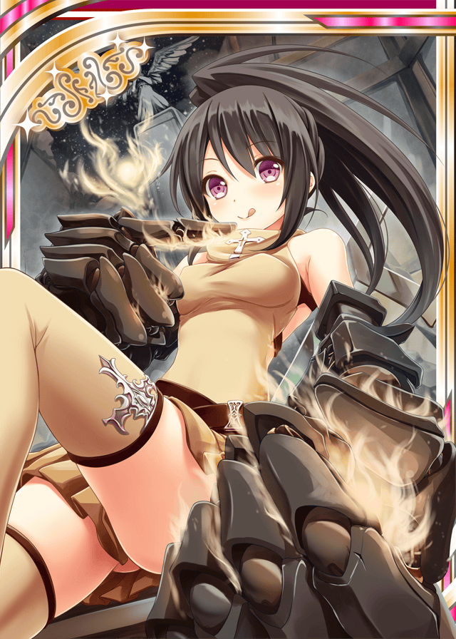 1girl akkijin bone brown_hair card_(medium) clenched_hand cross crucifix dress gloves hitodama looking_at_viewer night night_sky pink_eyes ponytail shinkai_no_valkyrie sky solo star_(sky) starry_sky thigh-highs tongue tongue_out yellow_dress