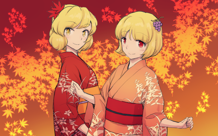 2girls aki_minoriko aki_shizuha alternate_costume autumn_leaves blonde_hair food_themed_hair_ornament gradient gradient_background grape_hair_ornament hair_ornament headwear_removed japanese_clothes kimono leaf_hair_ornament looking_at_viewer meimaru_inuchiyo multiple_girls obi red_eyes sash short_hair siblings sisters smile touhou yellow_eyes yukata