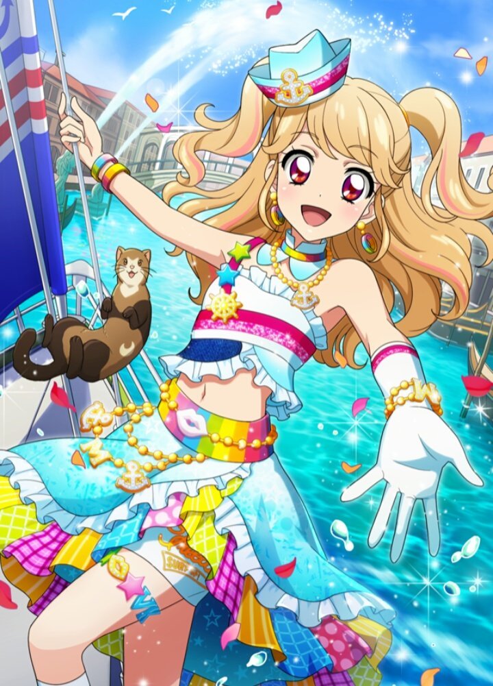 1girl aikatsu! aikatsu!_photo_on_stage!! anchor_symbol beads bird blonde_hair boat bracelet day earrings ferret frills gloves hat highlights jewelry multicolored_hair natsuki_mikuru navel necklace ocean open_mouth outstretched_arm petals pink_eyes sailing sailor_hat seagull short_twintails smile star star_print twintails water water_drop watercraft