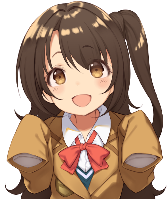 1girl :d age_regression blazer blush bow bowtie brown_eyes brown_hair commentary_request idolmaster idolmaster_cinderella_girls jacket long_hair looking_at_viewer open_mouth oversized_clothes pokachu school_uniform shimamura_uzuki side_ponytail simple_background sleeves_past_wrists smile solo white_background younger