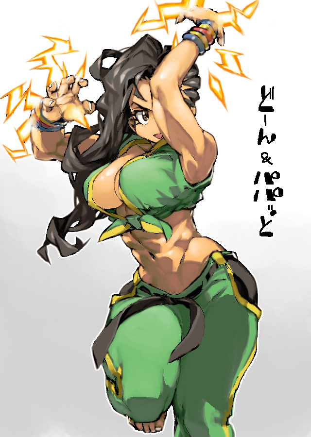 1girl abs arms_up barefoot black_hair breasts brown_eyes dark_skin electricity gradient gradient_background grey_background hips large_breasts laura_matsuda long_hair midriff navel sketch solo street_fighter street_fighter_v thighs toes wide_hips ysk!