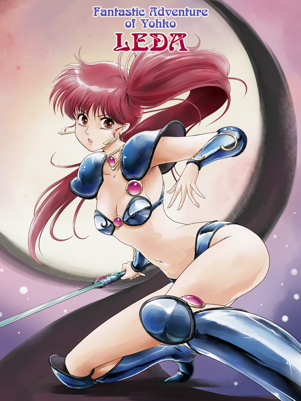 1girl arm_up armor armpits asagiri_youko bikini bikini_armor bikini_top boots breasts brown_eyes character_name choker cleavage copyright_name earrings foreshortening from_side gem genmu_senki_leda highres jewelry knee_boots kneeling legs long_hair navel one_knee open_mouth outstretched_arms pauldrons redhead side_ponytail small_breasts solo squatting swimsuit sword tamanegiinyo vambraces very_long_hair weapon