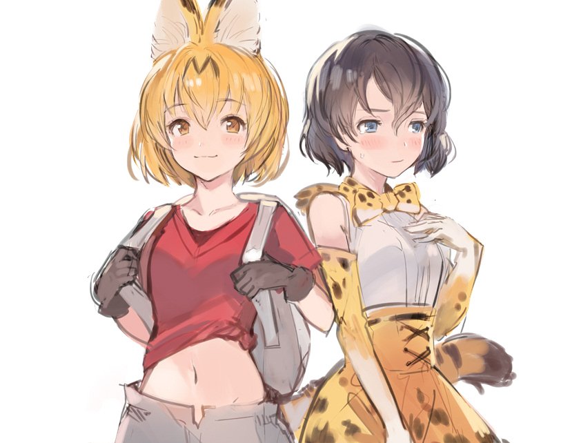 2girls animal_ears backpack bag black_gloves black_hair blonde_hair blue_eyes blush bow bowtie cosplay elbow_gloves gloves hand_on_own_chest kaban_(kemono_friends) kaban_(kemono_friends)_(cosplay) kemono_friends looking_at_viewer multiple_girls navel pants pepeto_(cocoyuzumugi) red_shirt serval_(kemono_friends) serval_(kemono_friends)_(cosplay) serval_ears serval_print serval_tail shirt short_hair skirt smile sweatdrop tail yellow_eyes