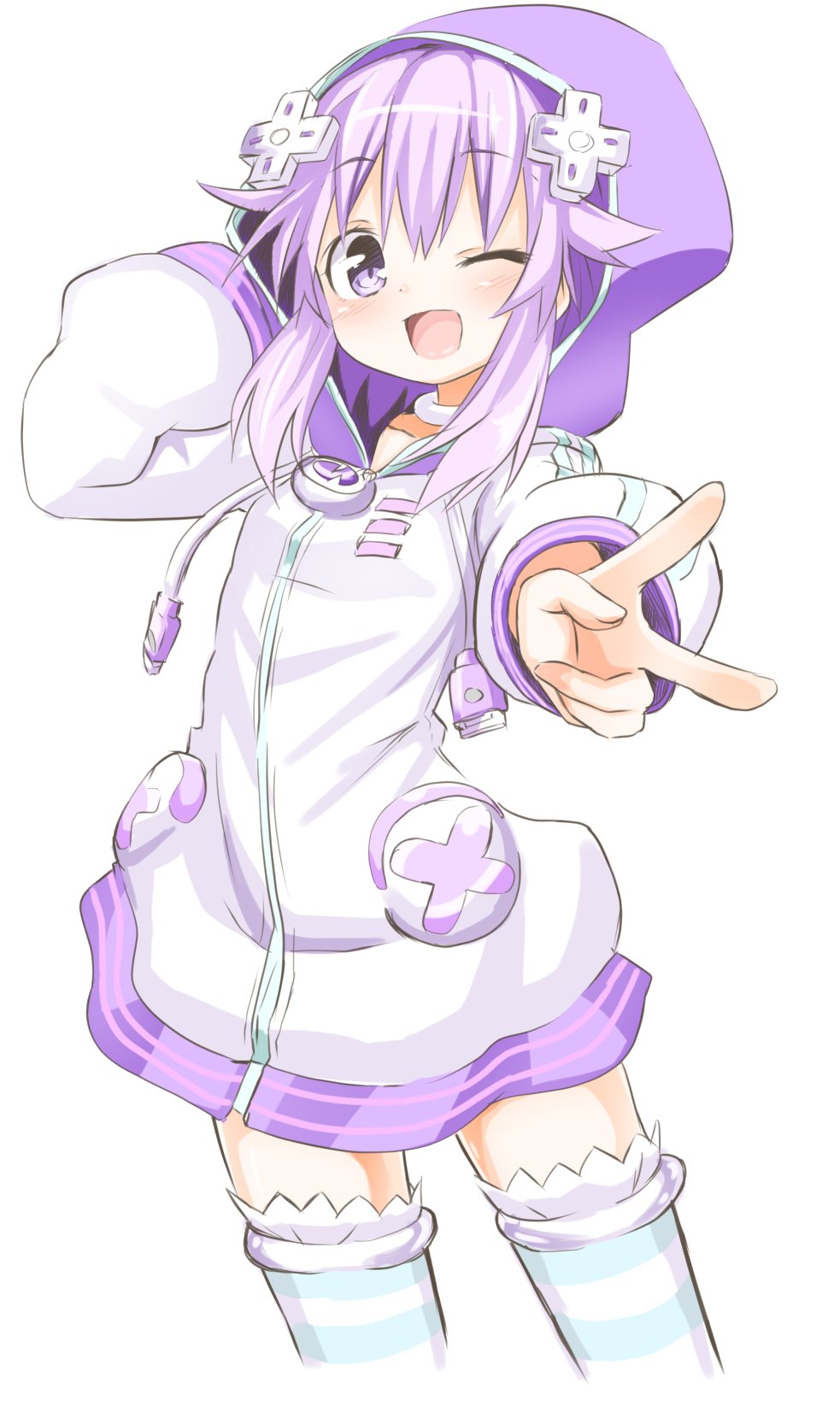 1girl blush cowboy_shot d-pad hair_ornament highres hood hoodie looking_at_viewer neptune_(choujigen_game_neptune) neptune_(series) niwaka_potato one_eye_closed open_mouth purple_hair revision shin_jigen_game_neptune_vii short_hair sidelocks simple_background smile thigh-highs v violet_eyes white_background zettai_ryouiki
