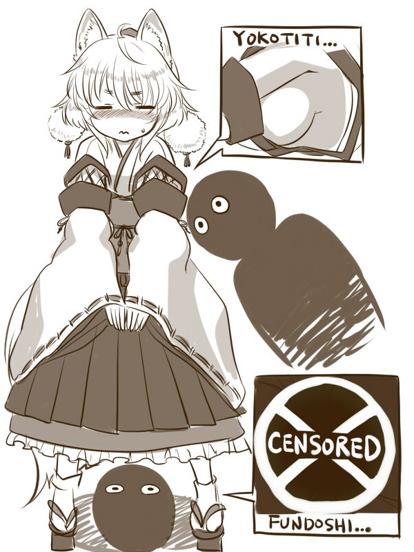 1girl animal_ears bangs blush breasts closed_eyes closed_mouth commentary_request detached_sleeves eyebrows_visible_through_hair geta hair_between_eyes inubashiri_momiji kei_kei long_sleeves medium_breasts monochrome multiple_views nose_blush obi pom_pom_(clothes) ribbon-trimmed_sleeves ribbon_trim sash short_hair sideboob simple_background socks solo_focus standing sweat tail touhou white_background wide_sleeves wolf_ears wolf_tail
