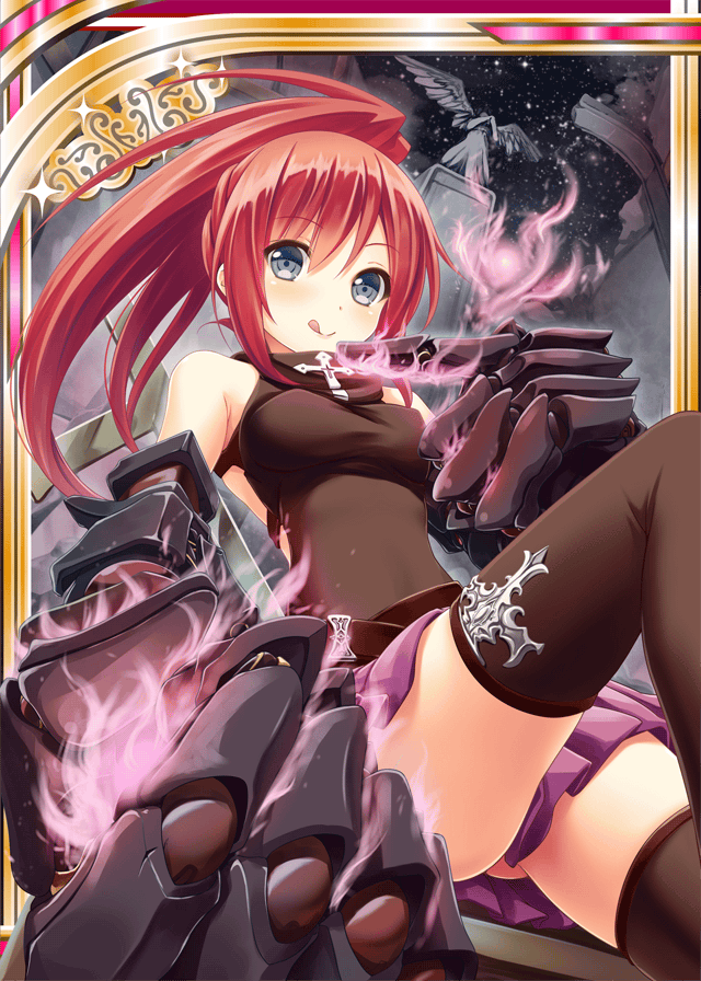 1girl akkijin blue_eyes bone brown_dress card_(medium) clenched_hand cross crucifix dress gloves hitodama looking_at_viewer night night_sky ponytail redhead shinkai_no_valkyrie sky solo star_(sky) starry_sky thigh-highs tongue tongue_out