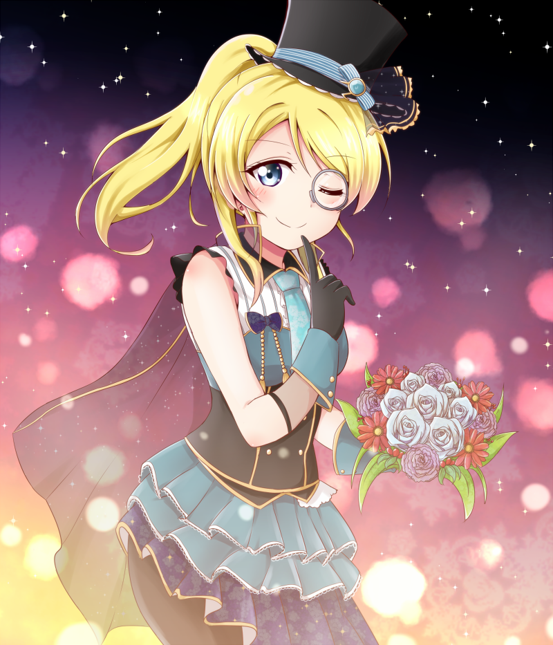 1girl ;) ayase_eli black_gloves black_hat black_legwear blonde_hair blue_eyes blue_flower bouquet cape chiro_(bocchiropafe) finger_to_mouth flower gcowboy_shot gloves hat high_ponytail holding holding_bouquet index_finger_raised long_hair love_live! love_live!_school_idol_project monocle one_eye_closed pantyhose phantom_thief_erichika purple_flower red_flower shirt sleeveless sleeveless_shirt smile solo standing