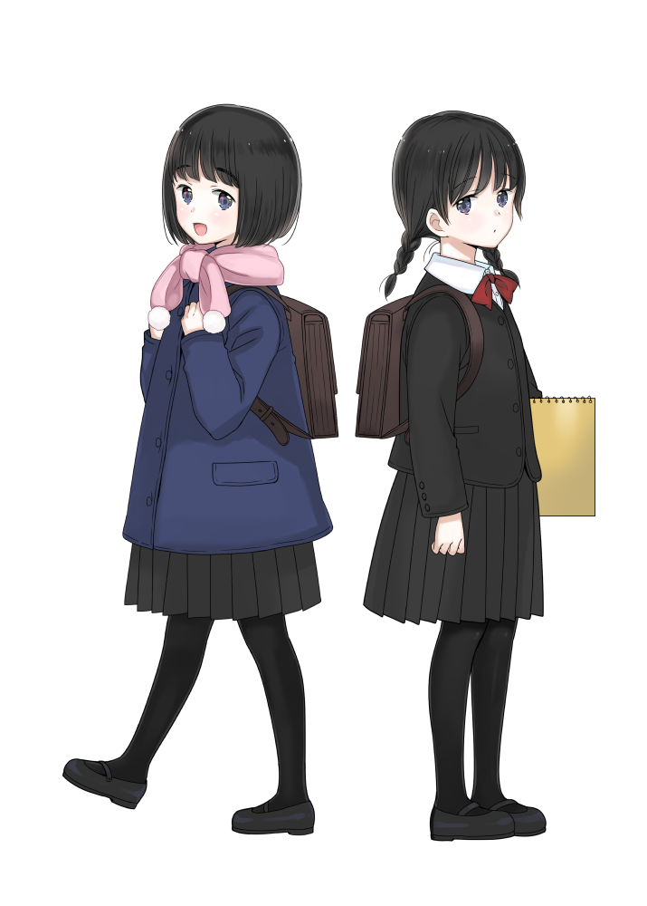 :d backpack bag black_eyes black_hair black_legwear black_shoes black_skirt braid child izumitanu jacket looking_at_viewer open_mouth original pink_scarf pom_pom_(clothes) scarf shoes short_hair short_twintails skirt smile standing twintails