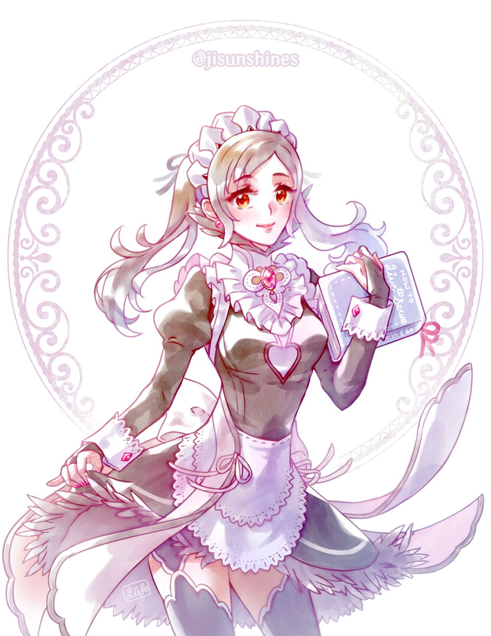 1girl alternate_costume apron blush breasts enmaided female_my_unit_(fire_emblem_if) fire_emblem fire_emblem_if hairband highres liefe long_hair looking_at_viewer maid maid_apron maid_headdress my_unit_(fire_emblem_if) pointy_ears red_eyes smile solo waist_apron white_hair