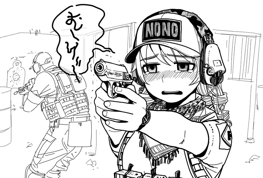 1boy 1girl ammunition_belt ammunition_pouch bandanna barrel blush catchphrase character_name commentary_request drill_hair ear_protection eyebrows_visible_through_hair finger_on_trigger greyscale gun handgun hat idolmaster idolmaster_cinderella_girls military military_uniform monochrome morikubo_nono name_tag open_mouth rifle shooting_range sketch speech_bubble tagme target_practice tearing_up tears thomas_hewitt trembling uniform watch watch weapon