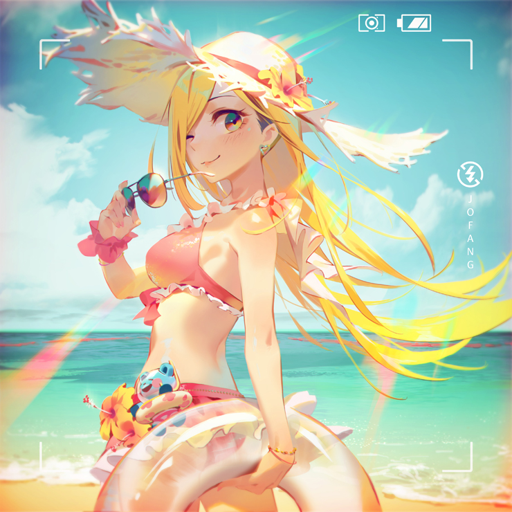 1girl bikini bikini_skirt blonde_hair blue_sky bracelet breasts brown_eyes closed_mouth clouds commentary_request day earrings flower frilled_bikini frills from_side fujimoto_rina hair_over_one_eye hat hat_flower heart heart_earrings holding holding_innertube holding_sunglasses idolmaster idolmaster_cinderella_girls innertube jewelry lamier lens_flare long_hair looking_at_viewer medium_breasts one_eye_closed outdoors pink_bikini sky smile solo standing straw_hat sunglasses sunglasses_removed sunlight swimsuit transparent viewfinder wind