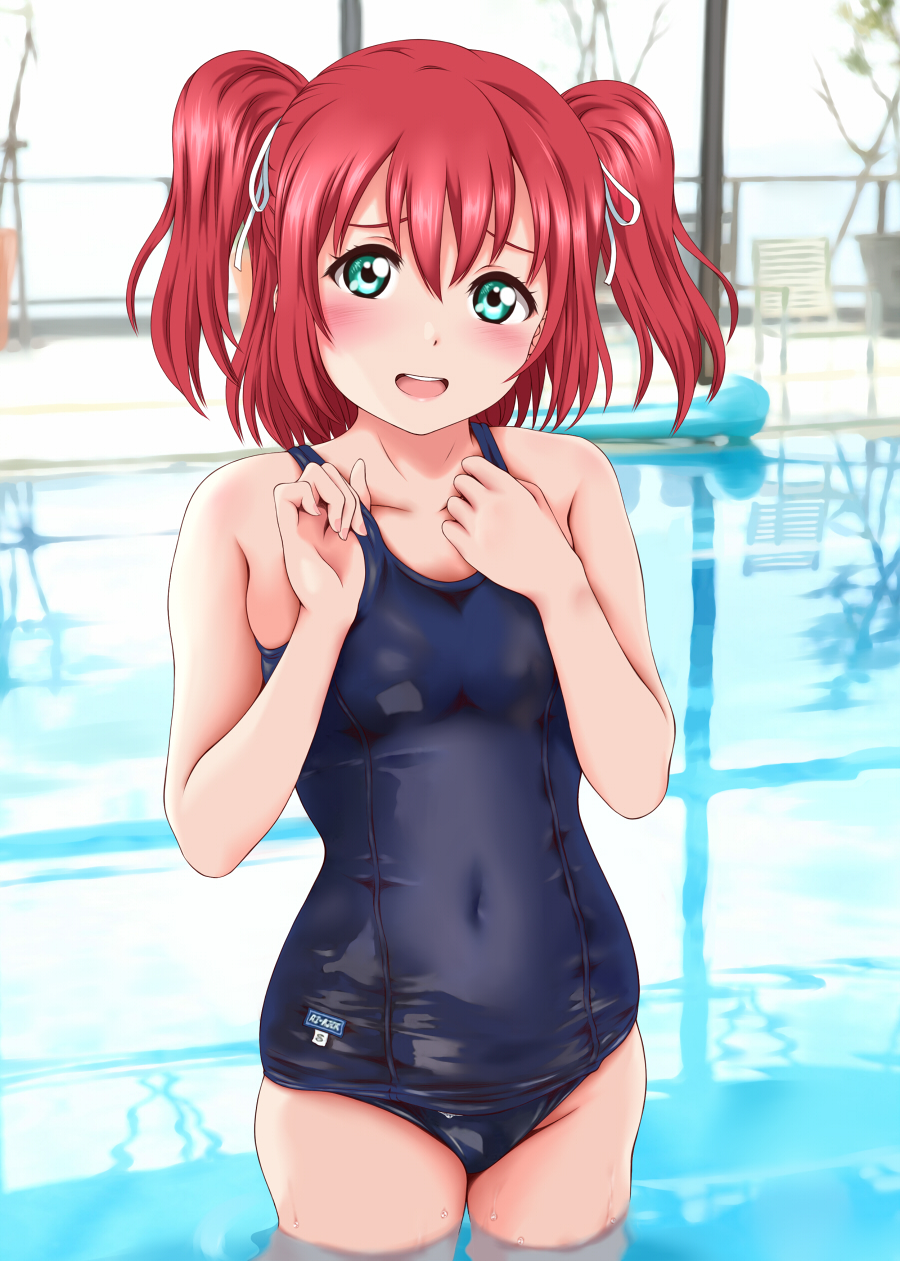 1girl blue_swimsuit blush breasts chair commentary_request covered_navel day green_eyes hair_between_eyes hair_ribbon hands_on_own_chest highres indoors keisuke_(0320030103200301) kurosawa_ruby looking_at_viewer love_live! love_live!_sunshine!! medium_breasts old_school_swimsuit open_mouth pool redhead reflection ribbon school_swimsuit short_hair solo swimsuit tree two_side_up wading water wet white_ribbon