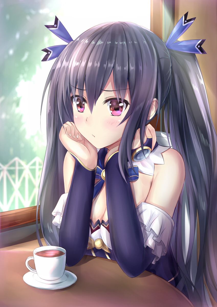 1girl bare_shoulders black_hair blush breasts cleavage cup hair_ornament hands_on_own_cheeks hands_on_own_face highres indoors long_hair muwa12 neptune_(series) noire red_eyes ribbon sitting solo table twintails