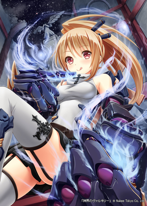 1girl akkijin blonde_hair bone clenched_hand cross crucifix dress gloves hitodama looking_at_viewer night night_sky ponytail red_eyes shinkai_no_valkyrie sky solo star_(sky) starry_sky thigh-highs tongue tongue_out white_dress