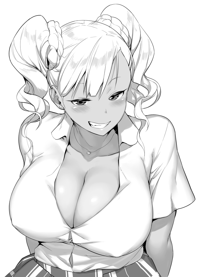 1girl arms_behind_back blush breasts dark_skin grin hakai_shin heart heart_necklace jewelry large_breasts long_hair looking_at_viewer monochrome naughty_face necklace simple_background skirt smile solo twintails white_background