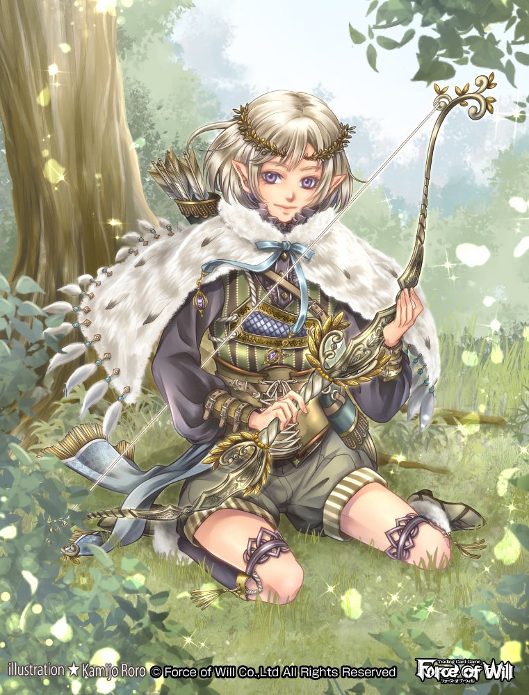1boy arrow artist_name blonde_hair boots bow bow_(weapon) bowtie capelet copyright_name force_of_will fur_trim grass kamijororo leaf male_focus official_art pointy_ears quiver sitting solo tiara tree violet_eyes weapon