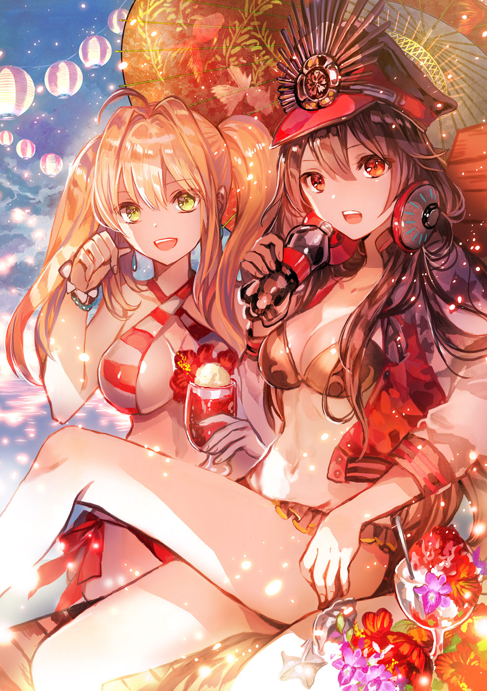 2girls :d ahoge bangs bead_bracelet beads bikini black_bikini black_hair blonde_hair bottle bracelet breasts coca-cola criss-cross_halter demon_archer eyebrows_visible_through_hair fate/extra fate/extra_ccc fate/grand_order fate_(series) glass hair_between_eyes hair_intakes halter_top halterneck hand_up hat headphones headphones_around_neck highres jacket jewelry lantern large_breasts legs_crossed letterman_jacket long_hair looking_at_viewer medium_breasts military_hat multiple_girls navel nero_claudius_(swimsuit_caster)_(fate) oda_nobunaga_(swimsuit_berserker)_(fate) open_clothes open_jacket open_mouth paper_lantern peaked_cap red_bikini red_eyes rioka_(southern_blue_sky) saber_extra side-tie_bikini sitting smile striped striped_bikini swimsuit teeth tropical_drink twintails white_bikini