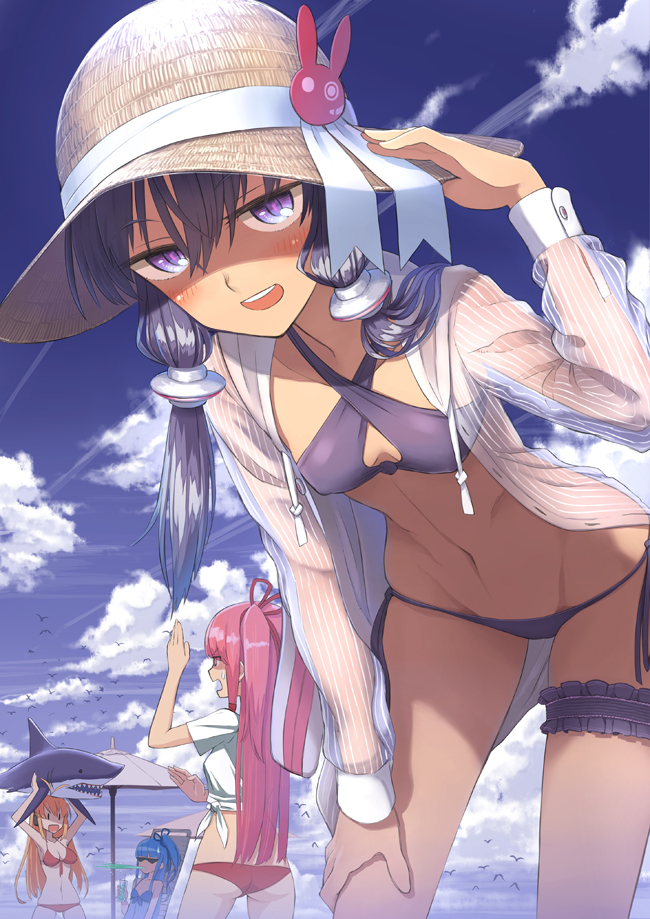 4girls :d arms_up ass beach_umbrella bikini bird blue_hair blue_sky breasts bright_pupils chair cleavage clouds cloudy_sky criss-cross_halter crop_top day front-tie_bikini front-tie_top hair_between_eyes hair_ornament hair_ribbon halterneck hand_on_headwear hand_on_own_thigh hat hat_ornament hat_ribbon hood hooded_jacket hoodie jacket kotonoha_akane kotonoha_aoi large_breasts leaning_forward leg_garter long_hair long_sleeves looking_at_viewer lounge_chair multiple_girls navel one_side_up open_clothes open_hoodie open_jacket open_mouth orange_hair outdoors pink_hair purple_bikini purple_hair reclining red_bikini ribbon samaru_(seiga) see-through shaded_face shark shirt side-tie_bikini sidelocks sky smile spit_take spitting stomach straw_hat sun_hat sweatdrop swimsuit tied_shirt tsurumaki_maki umbrella violet_eyes voiceroid yuzuki_yukari