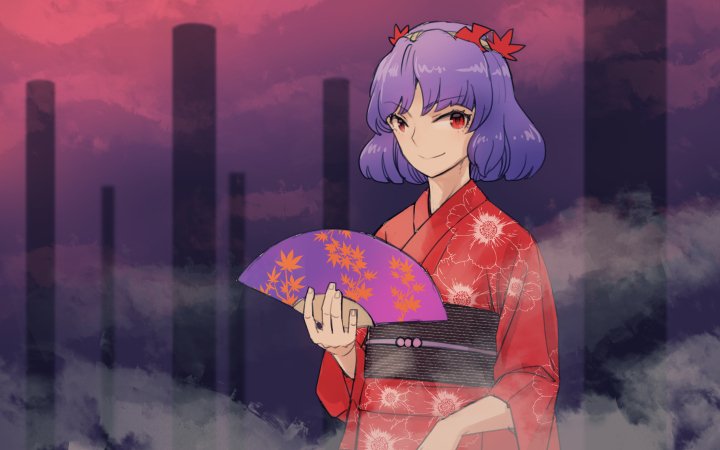 1girl alternate_costume fan fog japanese_clothes kimono looking_at_viewer meimaru_inuchiyo obi onbashira paper_fan purple_hair red_eyes sash short_hair smile solo touhou yasaka_kanako yukata