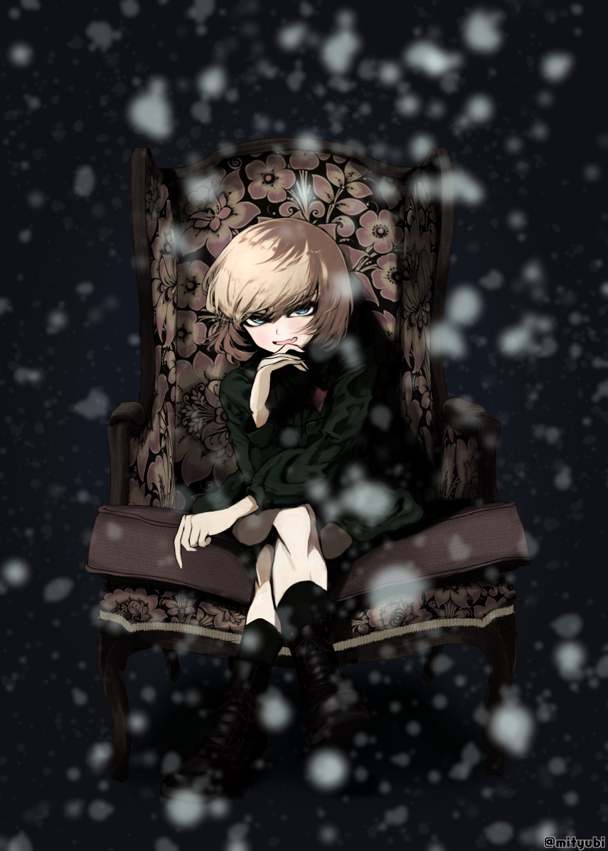 1girl bangs black_boots blonde_hair blue_eyes boots chair full_body girls_und_panzer grin katyusha legs_crossed long_sleeves looking_at_viewer m2b military military_uniform pravda_military_uniform russian shaded_face short_hair short_jumpsuit sitting smile snow solo twitter_username uniform