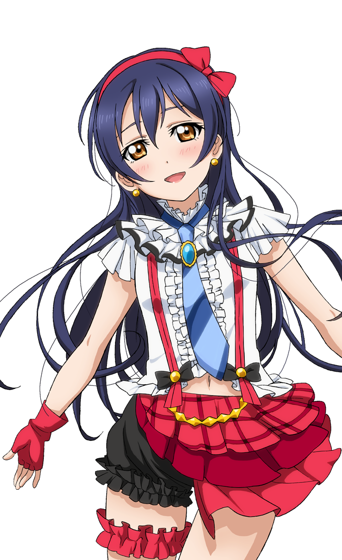 1girl artist_request blue_hair blush bokura_wa_ima_no_naka_de bow breasts brown_eyes checkered earrings fingerless_gloves frills gloves hair_bow hairband jewelry looking_at_viewer love_live! love_live!_school_idol_festival love_live!_school_idol_festival_after_school_activity love_live!_school_idol_project navel necktie official_art open_mouth outstretched_arms plaid puffy_pants puffy_shorts shorts small_breasts smile solo sonoda_umi spread_arms striped striped_necktie suspenders thigh_gap
