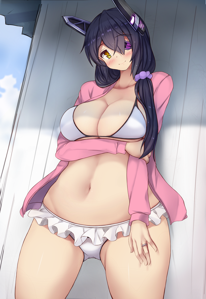 10s 1girl alternate_hair_length alternate_hairstyle bikini breast_hold breasts cleavage collarbone eyepatch hair_ornament hair_scrunchie headgear highres jewelry kantai_collection large_breasts light_smile long_hair looking_at_viewer looking_down navel purple_hair ring scrunchie solo swimsuit tenryuu_(kantai_collection) yellow_eyes yuzumiya_mono