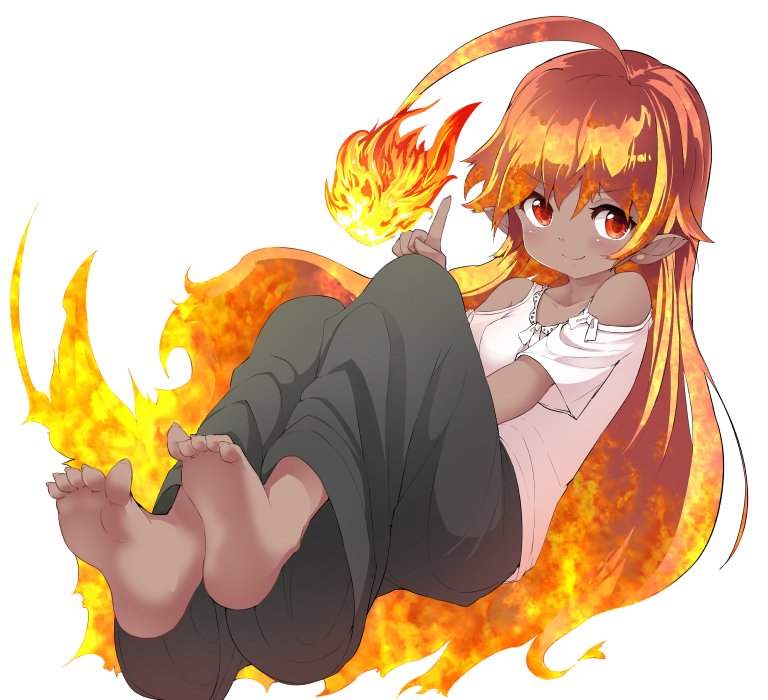 &gt;:) 1girl ahoge barefoot blonde_hair dark_skin feet fiery_hair fire full_body gradient_hair huge_ahoge multicolored_hair noa_(nagareboshi) orange_hair original pants pointy_ears red_eyes redhead shirt soles toes