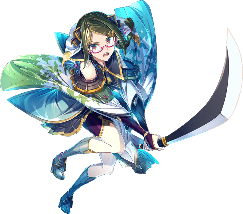 1girl arm_guards armor black_hair blue_eyes full_body glasses hair_ornament holding holding_sword holding_weapon kumamoto_(oshiro_project) legs_apart long_sleeves official_art open_mouth oshiro_project oshiro_project_re solo sword transparent_background weapon wide_sleeves zounose