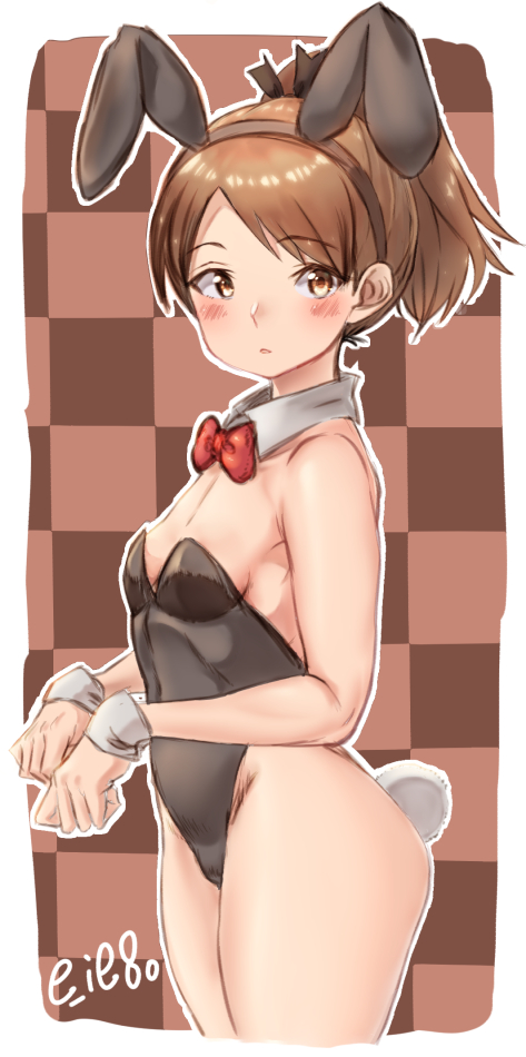 10s 1girl animal_ears artist_name black_leotard bow bowtie breasts brown_background brown_eyes brown_hair bunny_tail bunnysuit checkered checkered_background cowboy_shot detached_collar kantai_collection leotard nyantiu ponytail rabbit_ears red_bow red_bowtie shikinami_(kantai_collection) short_hair small_breasts solo strapless strapless_leotard tail wrist_cuffs