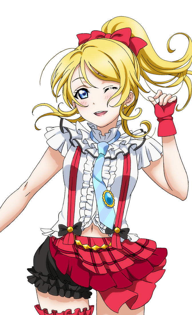 1girl artist_request ayase_eli bangs blonde_hair blue_eyes blush bokura_wa_ima_no_naka_de bow checkered earrings fingerless_gloves frills gloves hair_bow jewelry long_hair looking_at_viewer love_live! love_live!_school_idol_festival love_live!_school_idol_festival_after_school_activity love_live!_school_idol_project navel necktie official_art one_eye_closed open_mouth parted_bangs plaid ponytail puffy_shorts shorts smile solo suspenders teeth