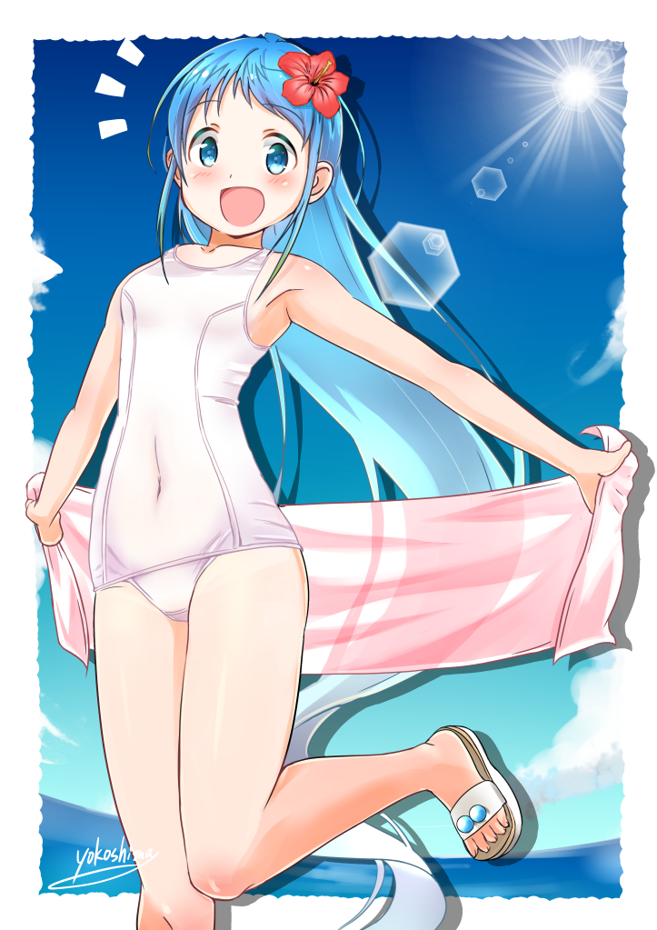 10s artist_name bare_legs bare_shoulders blanket blue_eyes blue_hair commentary_request flower hair_between_eyes hair_flower hair_ornament kantai_collection light_rays long_hair outdoors samidare_(kantai_collection) sandals school_swimsuit smile sun sunbeam sunlight swimsuit white_school_swimsuit white_swimsuit yokoshima_(euphoria)