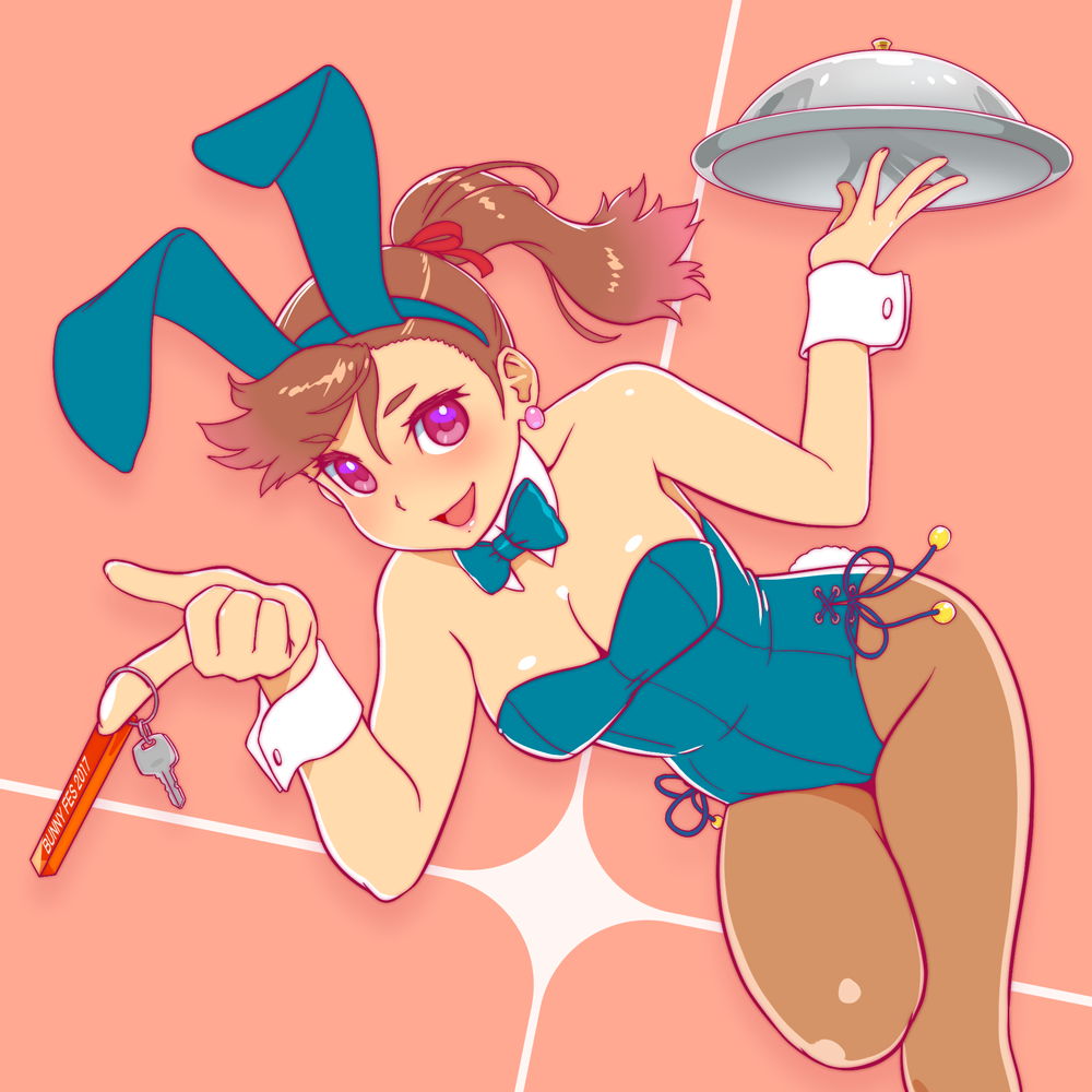 1girl animal_ears blue_bow blue_bowtie blue_leotard bow bowtie breasts brown_hair brown_legwear bunny_tail bunnysuit cleavage detached_collar fukusuke_hachi-gou key leotard long_hair looking_at_viewer original pantyhose ponytail rabbit_ears red_eyes serving_dome solo strapless strapless_leotard tail tray wrist_cuffs