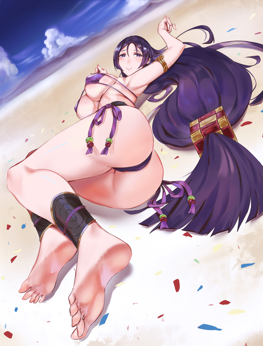 1girl armlet ass barefoot bikini blue_sky blush breasts clouds dessert fate/grand_order fate_(series) feet food kakumayu large_breasts long_hair looking_at_viewer lying minamoto_no_raikou_(fate/grand_order) on_side pov pov_feet purple_bikini purple_hair sky smile soles solo swimsuit toes very_long_hair violet_eyes