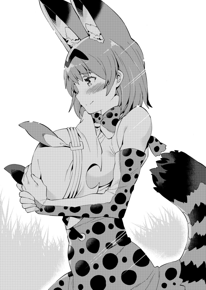 10s 1girl animal_ears bangs blush bow bowtie bucket_hat closed_mouth cross-laced_clothes elbow_gloves from_side gloves hat hat_feather high-waist_skirt highres holding kemono_friends monochrome serval_(kemono_friends) serval_ears serval_print shirt short_hair skirt sleeveless sleeveless_shirt smile solo standing striped_tail tail takano_itsuki upper_body