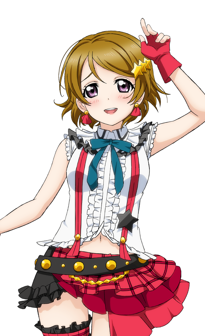 1girl artist_request bangs bare_shoulders belt blush bokura_wa_ima_no_naka_de bow breasts brown_hair checkered earrings fingerless_gloves frills gloves hair_ornament jewelry koizumi_hanayo looking_at_viewer love_live! love_live!_school_idol_festival love_live!_school_idol_festival_after_school_activity love_live!_school_idol_project navel nervous_smile official_art open_mouth parted_bangs plaid puffy_short_sleeves puffy_sleeves raised_eyebrows short_hair short_sleeves skirt smile solo star star_hair_ornament suspenders transparent_background violet_eyes