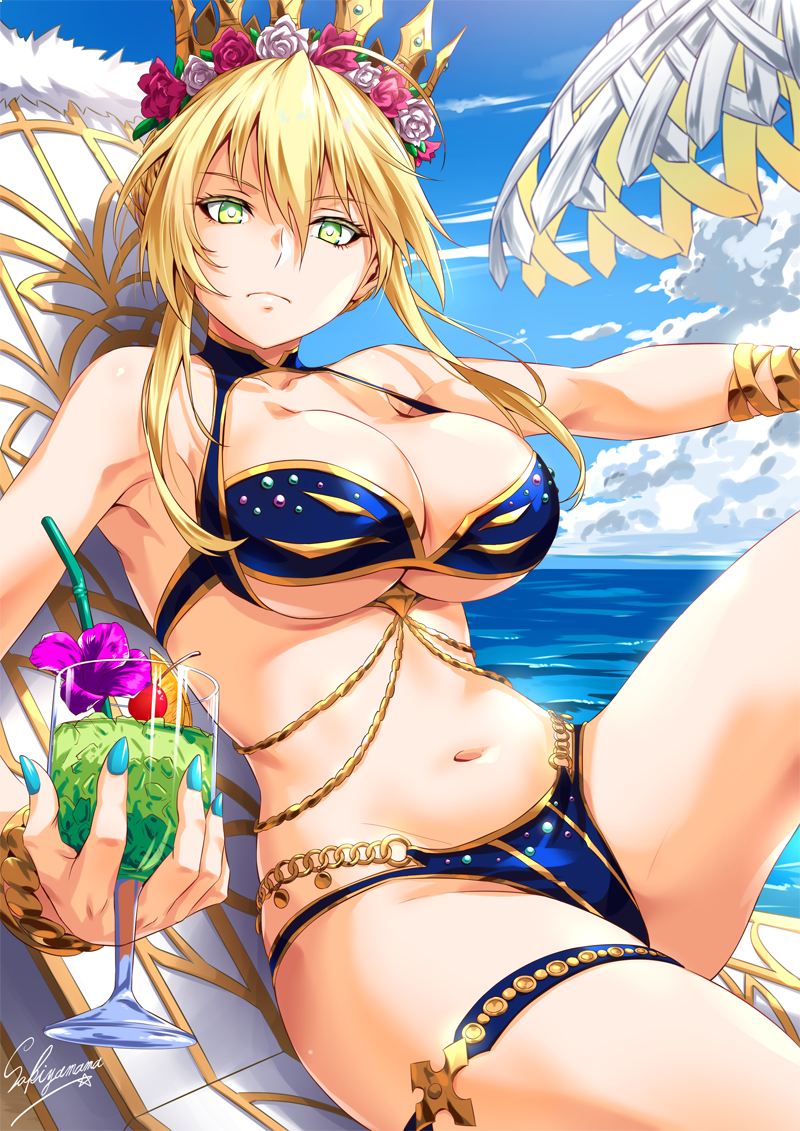 1girl artist_name artoria_pendragon_(all) artoria_pendragon_(lancer) bangs beach_chair belly_chain bikini blonde_hair blue_bikini breasts cleavage collarbone crown day drink fate/grand_order fate_(series) flower frown hair_between_eyes hair_flower hair_ornament holding_glass jewelry large_breasts long_hair looking_at_viewer navel ocean outdoors sakiyamama sitting sky solo swimsuit thigh_strap umbrella under_boob wristband yellow_eyes