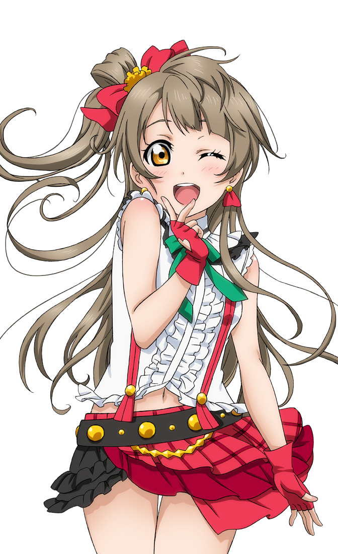 1girl artist_request bangs bare_shoulders belt blush bokura_wa_ima_no_naka_de bow brown_hair earrings frills gloves green_bow hair_bow jewelry long_hair looking_at_viewer love_live! love_live!_school_idol_festival love_live!_school_idol_festival_after_school_activity love_live!_school_idol_project minami_kotori navel official_art one_eye_closed one_side_up open_mouth ribbon skirt smile solo suspender_skirt suspenders teeth transparent_background yellow_eyes