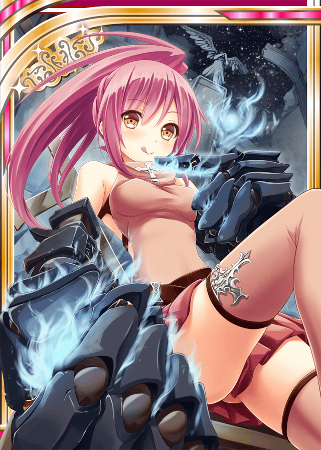1girl akkijin bone card_(medium) clenched_hand cross crucifix dress gloves hitodama looking_at_viewer night night_sky orange_dress orange_eyes pink_hair ponytail shinkai_no_valkyrie sky solo star_(sky) starry_sky statue thigh-highs tongue tongue_out