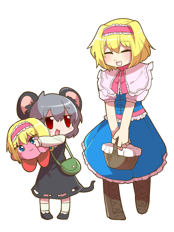 2girls :d alice_margatroid animal_ears bag blonde_hair blue_eyes boots cross-laced_footwear dress grey_hair handbag headband hug kirby kirby_(series) lace-up_boots long_sleeves mouse_ears mouse_tail multiple_girls nazrin nintendo open_mouth picnic_basket puffy_short_sleeves puffy_sleeves red_eyes short_sleeves smile syowahoka tail touhou transparent_background