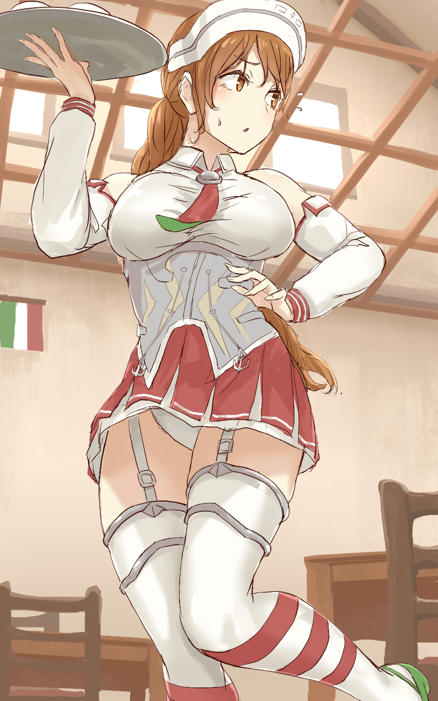 10s 1girl anchor blush breasts brown_eyes chair detached_sleeves from_below garter_straps green_shoes hand_on_hip highres holding holding_tray indoors kantai_collection large_breasts leg_lift littorio_(kantai_collection) long_hair long_sleeves looking_to_the_side necktie panties pantyshot pantyshot_(standing) pleated_skirt ponytail red_necktie red_skirt redhead shoes sketch skirt solo standing striped striped_legwear sweatdrop table thigh-highs tray underwear uru_(uru0000) white_legwear white_panties