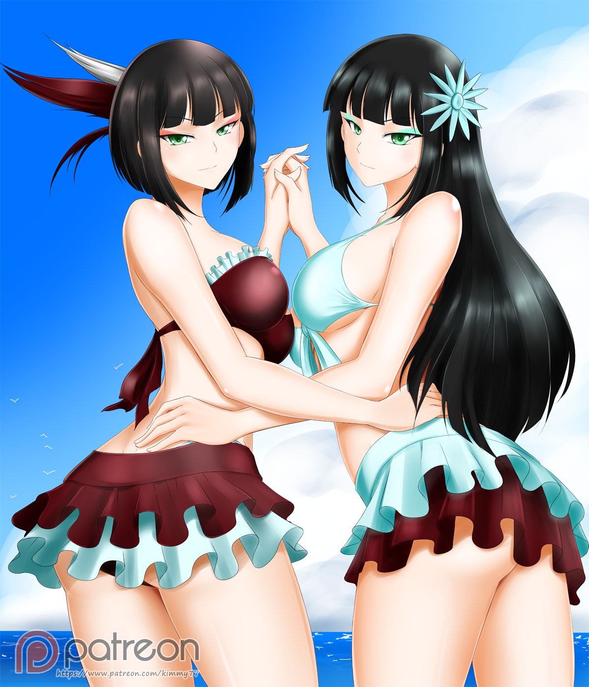 2girls alfred_cullado ass black_hair breasts cowboy_shot eyeshadow front-tie_top green_eyes groin hand_holding hand_on_another's_hip highres large_breasts legs long_hair looking_at_viewer makeup melanie_malachite miltiades_malachite multiple_girls ocean patreon_logo rwby short_hair siblings swimsuit swimsuit_skirt thighs twins under_boob watermark web_address