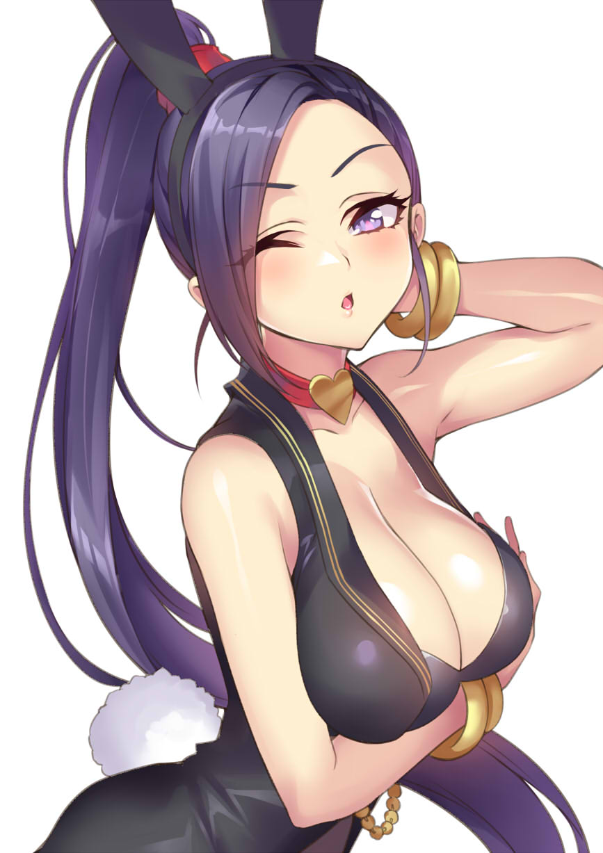 1girl animal_ears bangs blue_hair blush bracelet breasts bunny_tail cleavage collar collarbone commentary_request dragon_quest dragon_quest_xi eyebrows_visible_through_hair gan_(shanimuni) heart highres jewelry large_breasts long_hair looking_at_viewer martina_(dragon_quest_xi) one_eye_closed ponytail purple_hair rabbit_ears simple_background sleeveless solo tail upper_body white_background