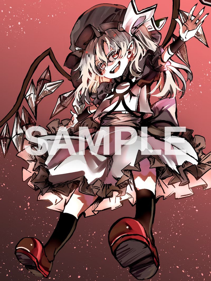 1girl alternate_costume alternate_hair_color alternate_wing_color arm_tattoo arms_up bare_arms bare_legs black_headwear blush blush_stickers body_markings chest_tattoo commission corruption crossover dark_persona dress english_text evil_smile eyelashes eyeshadow flandre_scarlet floating glowing glowing_eyes hat hat_ribbon looking_to_the_side makeup markings nail nail_polish neck_tattoo open_mouth orochi_(kof) outstretched_arms ponytail possessed purple_eyeshadow red_eyes red_footwear ribbon shoes side_ponytail skeb_commission smile snk socks spread_arms sun sun_tattoo sutaku77224 tan tattoo the_king_of_fighters touhou vampire watermark white_dress white_hair white_headwear wings zun