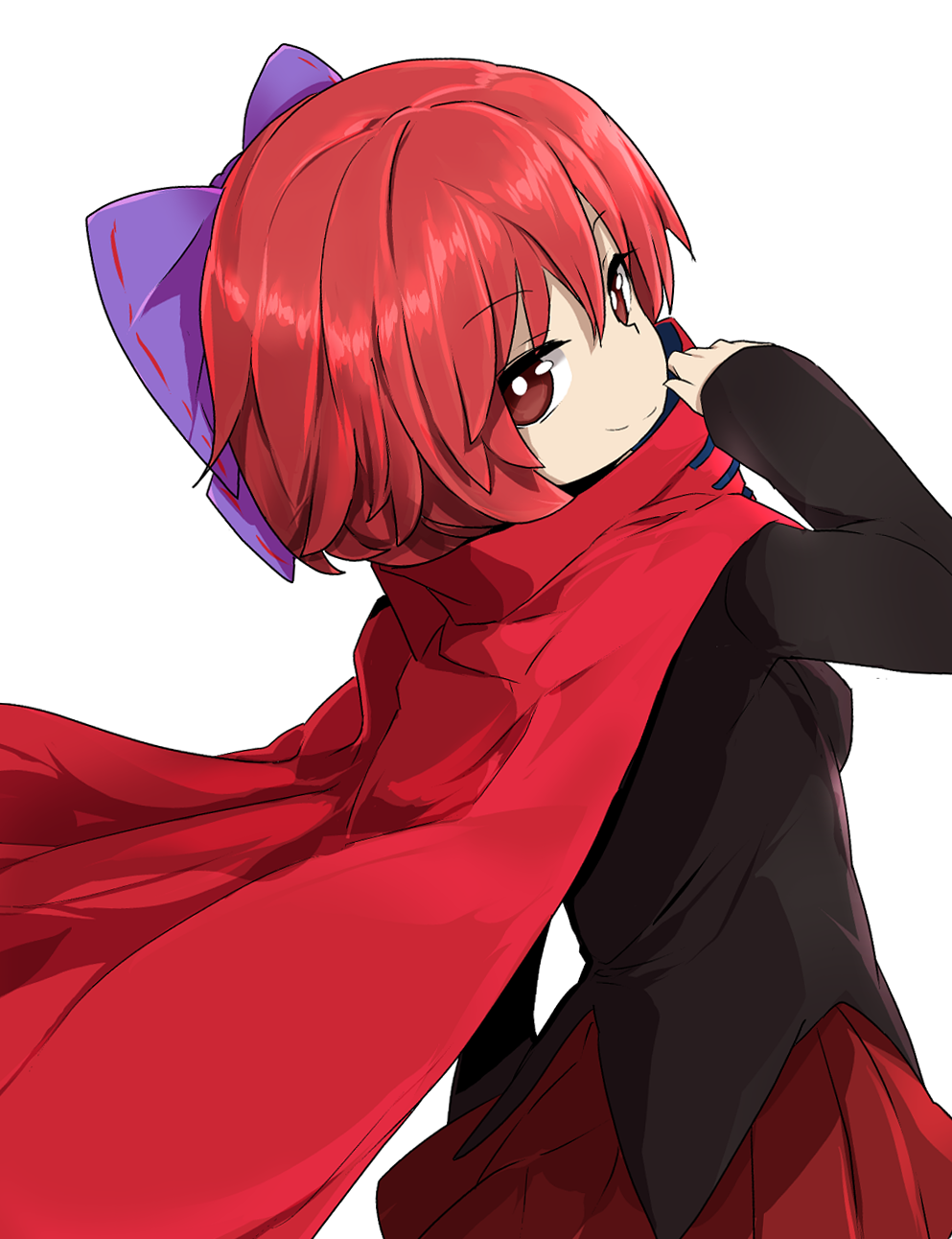 1girl bangs bow breasts brown_eyes cape closed_mouth cowboy_shot eyebrows_visible_through_hair from_behind hair_between_eyes hair_bow hand_up highres long_sleeves looking_at_viewer looking_back medium_breasts pleated_skirt purple_bow red_cape red_skirt redhead sekibanki short_hair simple_background skirt smile solo touhou tyouseki white_background